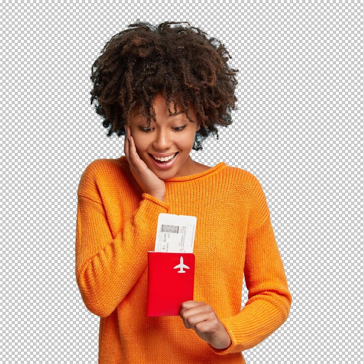 PSD une jeune femme avec une coupe de cheveux afro portant un pull orange