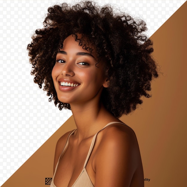 PSD une jeune femme étonnamment belle d'apparence afro souriante posant dans un studio photo espace de copie en bonne humeur
