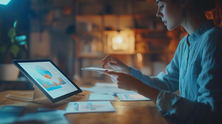 PSD une jeune femme examinant des données sur sa tablette et son téléphone la nuit, analysant des tableaux et des graphiques financiers à un bureau dans un bureau à domicile confortable.