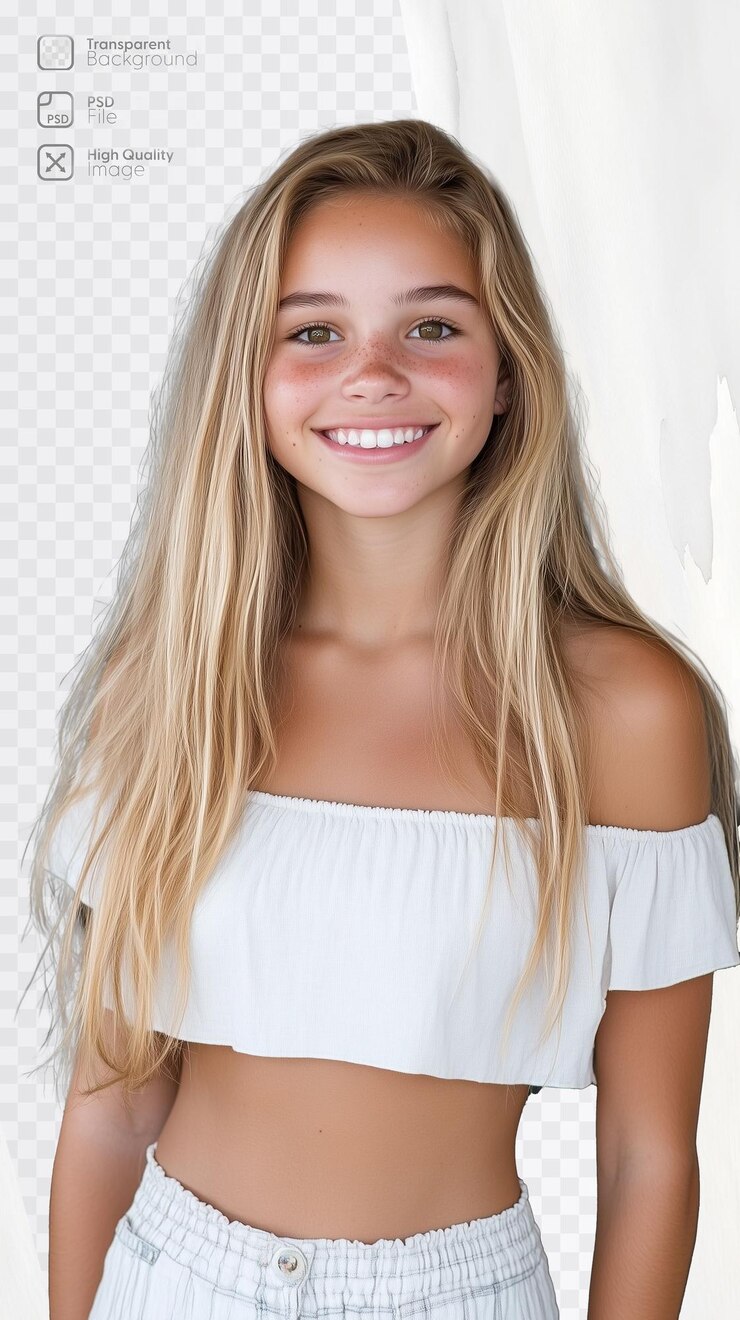 PSD une jeune femme heureuse aux longs cheveux blonds portant une tenue blanche décontractée isolée sur un fond transparent