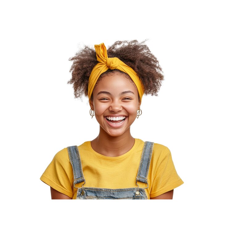 PSD une jeune femme heureuse avec un bandeau jaune souriante