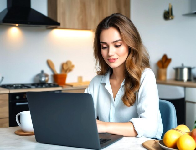 PSD une jeune femme joyeuse souriante tout en travaillant sur un ordinateur portable à domicile, son petit ami se détendant sur le canapé dans la salle.