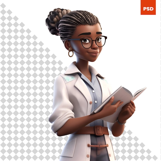 PSD jeune femme médecin afro-américaine avec livre isolé sur fond blanc