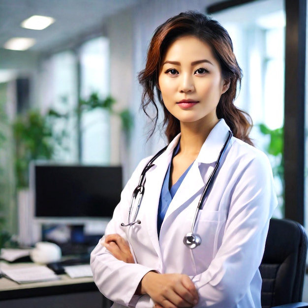 PSD jeune femme médecin asiatique sur gris