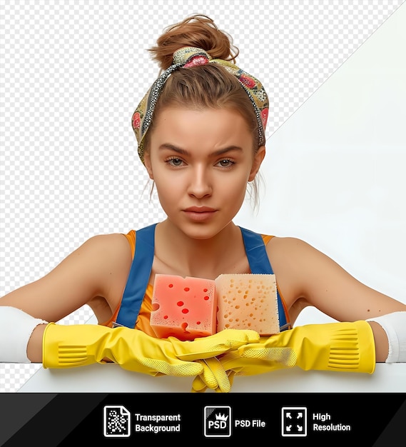 PSD d'une jeune femme de ménage transparente et réfléchie portant des gants en caoutchouc uniformes et un bandana. la caméra montre des éponges et un morceau de pastèque.