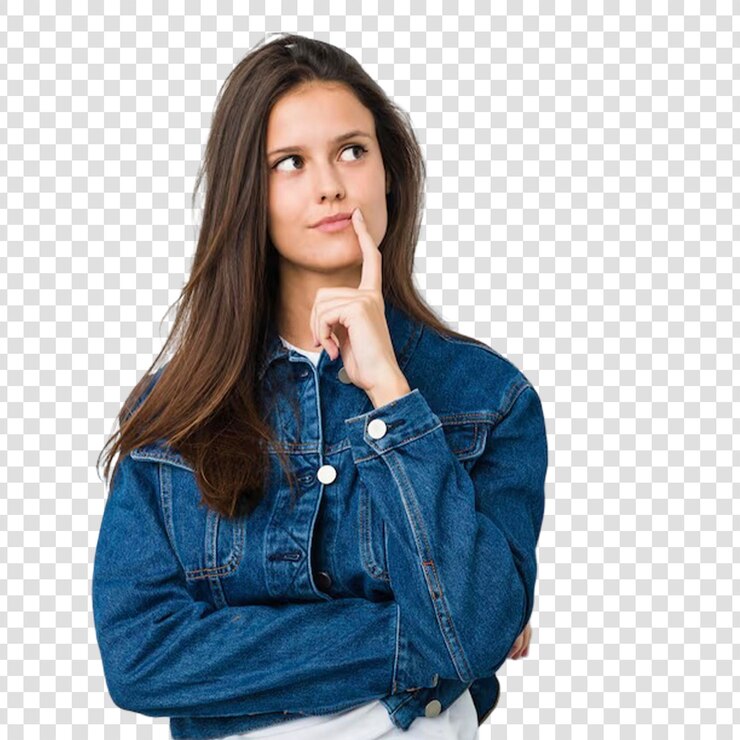 PSD une jeune femme mignonne regardant de côté avec une expression douteuse et sceptique sur un fond transparent