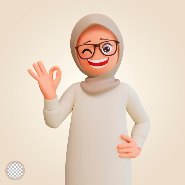 Jeune femme musulmane montre la main avec illustration de dessin animé 3d symbole ok
