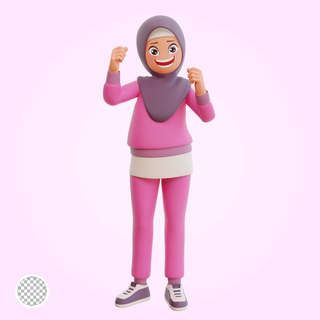 Jeune femme musulmane souriante sportive posant illustration de dessin animé 3d heureux