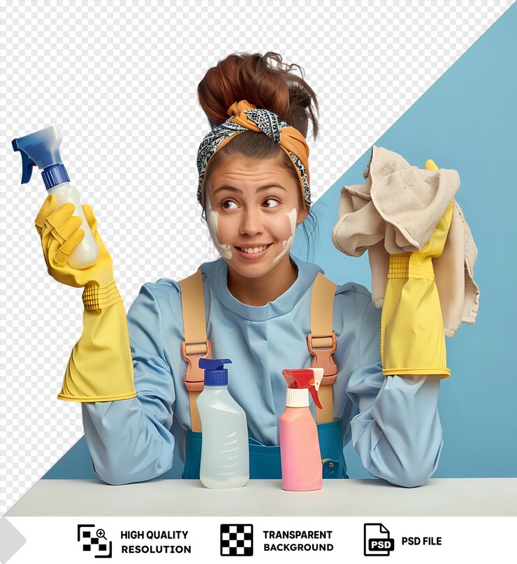 PSD jeune femme nettoyeuse en uniforme souriante tenant un nettoyeur sur un fond transparent avec un mur bleu