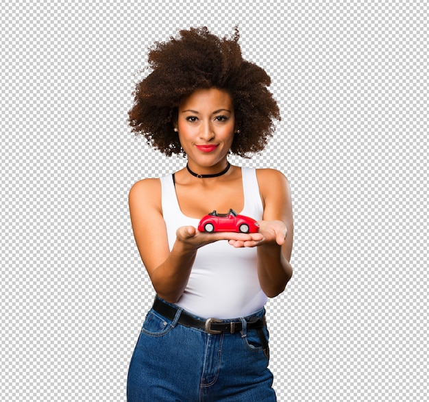 Jeune Femme Noire Tenant Une Voiture Rouge