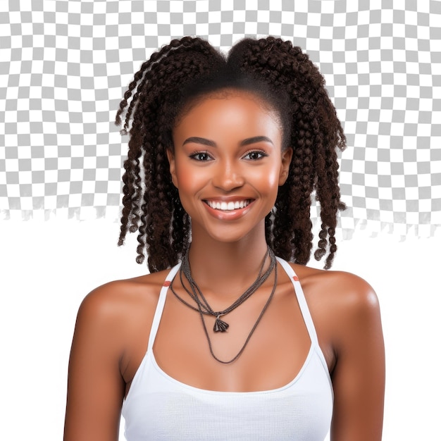 PSD une jeune femme noire avec des tresses afro souriant à la caméra isolée sur un fond transparent