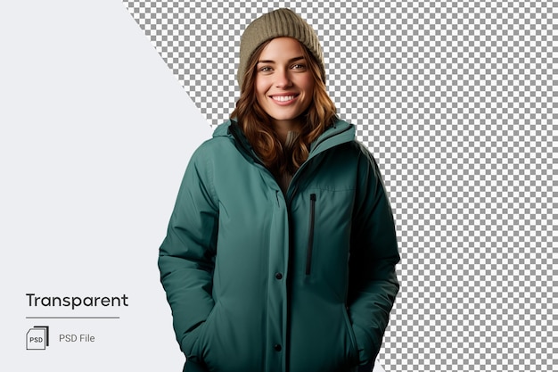 PSD jeune femme en parka verte avec chapeau mode hiver