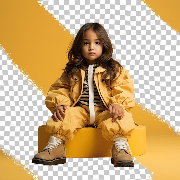 PSD une jeune femme scandalisée aux cheveux longs d'origine ethnique d'asie de l'est vêtue d'une tenue de boucher pose dans un style assis avec les jambes étendues sur un fond jaune pastel