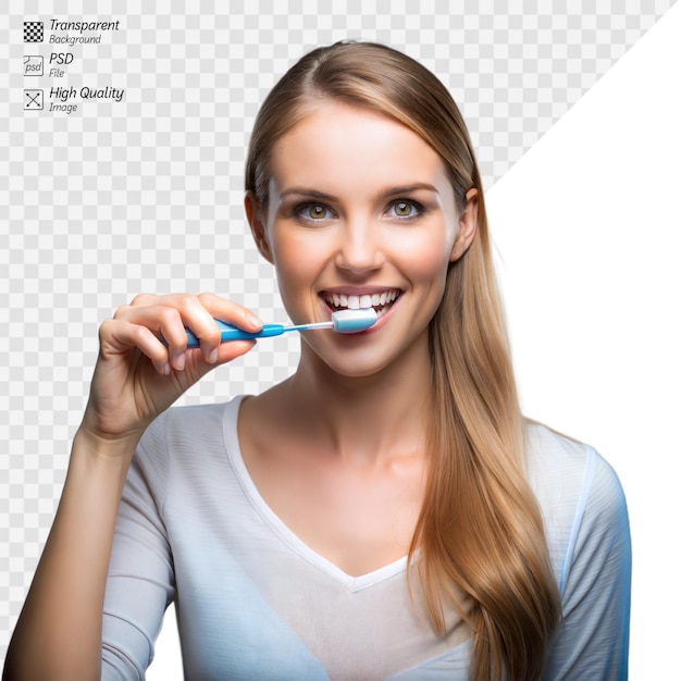 PSD une jeune femme se brosse les dents avec un sourire vif.