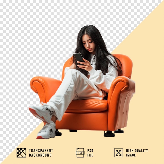 Une jeune femme se détend sur une chaise orange avec un téléphone