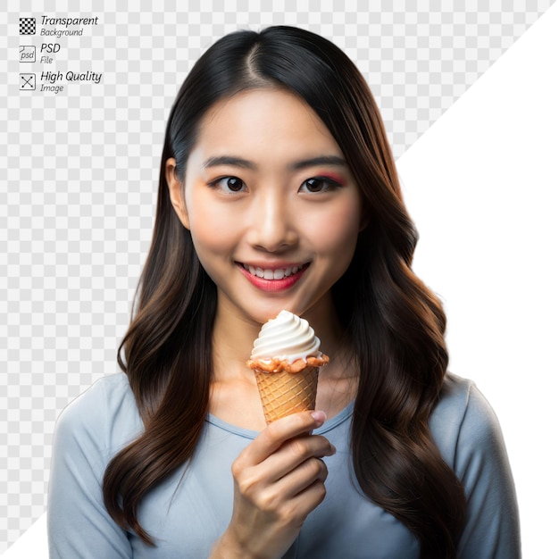 PSD une jeune femme souriante dégustant un délicieux cône de crème glacée