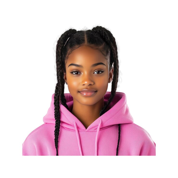 PSD une jeune femme avec des tresses et un capuchon rose souriante