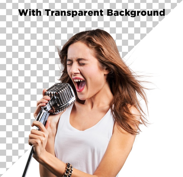 Une jeune fille belle et élégante chante en PNG sur un fond transparent