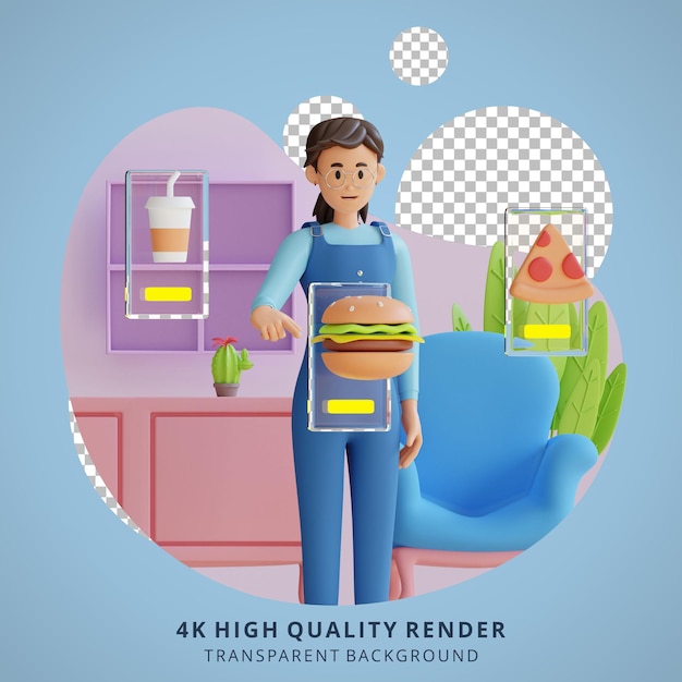 PSD jeune fille choisissant des aliments illustration de personnage 3d