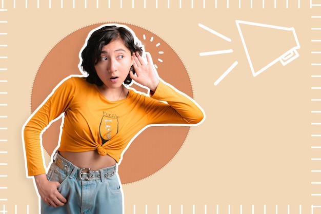jeune fille sur un fond coloré fait des expressions elle est à l'écoute surpris