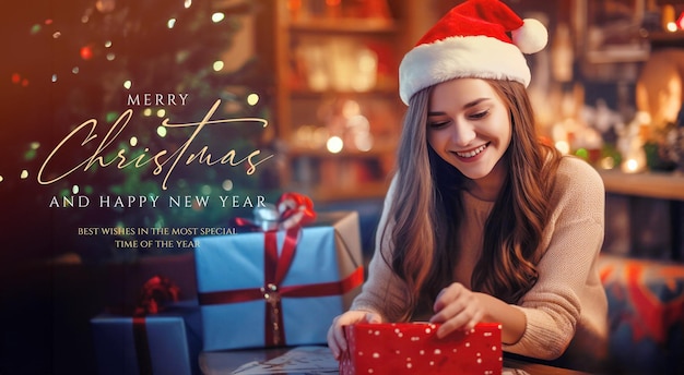 PSD jeune fille heureuse avec un chapeau de père noël souriant et ouvrant des cadeaux de noël à la maison et l'espace de copie