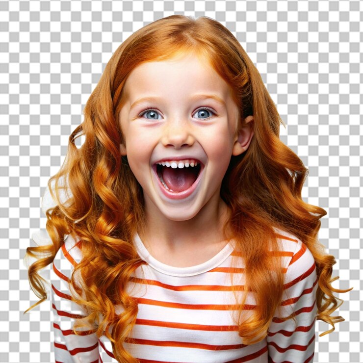 Une jeune fille rousse heureuse et joyeuse, un fond transparent.