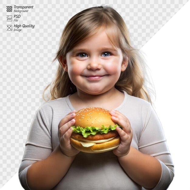 PSD une jeune fille souriante dégustant un délicieux hamburger.