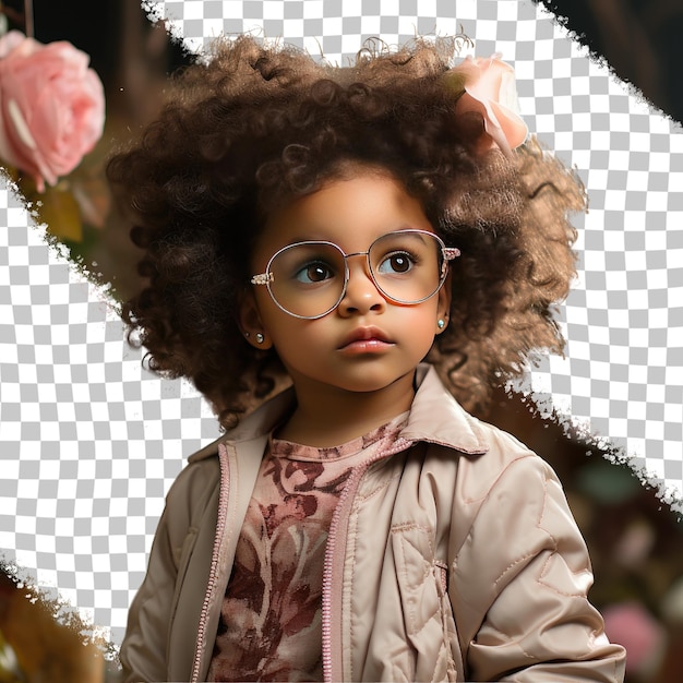 PSD une jeune fille triste avec des cheveux kinky de l'ethnie du moyen-orient vêtue d'une tenue de charpentier pose dans un style eyes looking over glasses sur un fond de rose pastel