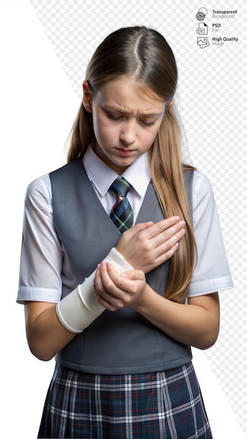 Une jeune fille en uniforme d'école touche doucement son poignet bandé avec une expression d'inquiétude