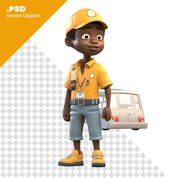 PSD jeune garçon afro-américain en uniforme jaune avec un bus modèle psd de fond blanc