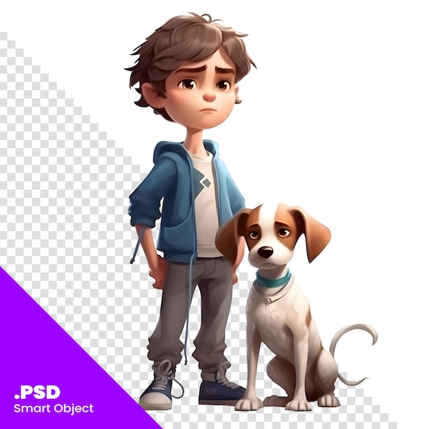 PSD jeune garçon avec un chien sur un fond blanc modèle psd de rendu 3d