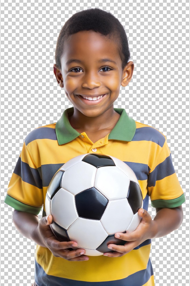 Un jeune garçon tient un ballon de football avec un grand sourire