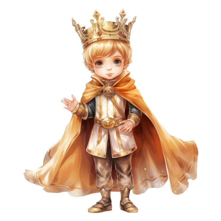 PSD un jeune garçon vêtu de roi avec une couronne d'or et une cape