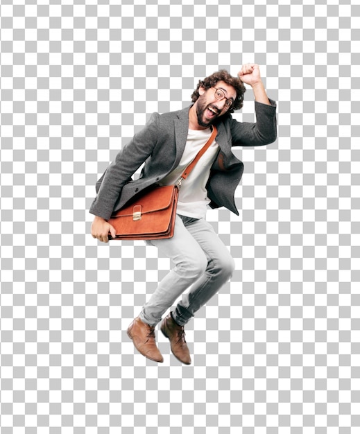 Jeune homme d'affaires barbu portant blazer et sautant. expression de réussite ou de victoire