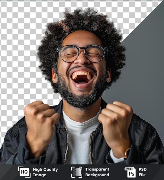 PSD jeune homme d'affaires beau avec afro portant des lunettes célébrant fou et fou pour le succès avec les bras levés et les yeux fermés criant excité concept gagnant