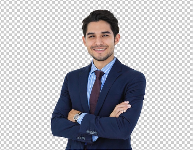 Un jeune homme d'affaires confiant avec les bras croisés et souriant.
