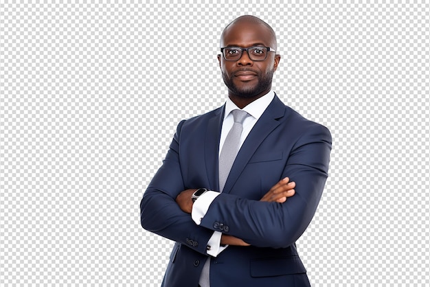 Un jeune homme d'affaires noir et joyeux isolé sur un fond transparent