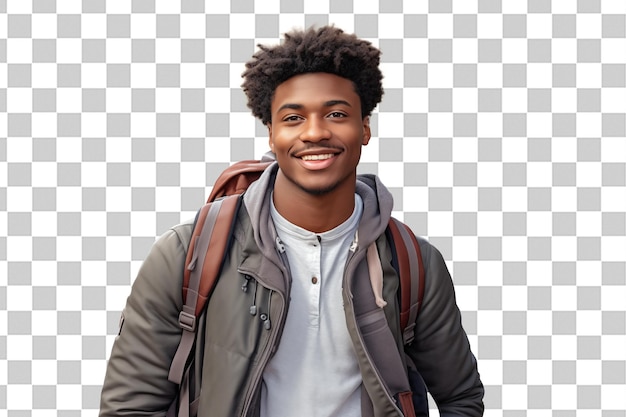 PSD jeune homme afro-américain avec un sac à dos d'étudiant sur un fond de clé chrome isolé