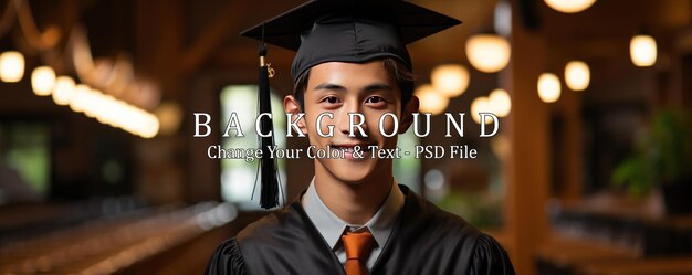 PSD un jeune homme asiatique en uniforme de diplômé souriant joyeusement.