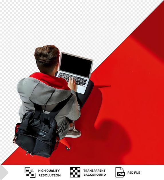 PSD jeune homme aux cheveux courts transparents assis à l'ordinateur portable avec un sac noir sur ses genoux contre un mur rouge avec sa main reposant sur le clavier et une ombre sombre projetée derrière lui png psd
