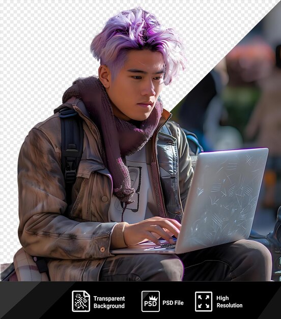 PSD un jeune homme aux cheveux teints assis sur le banc dans le parc et travaillant sur un ordinateur portable png