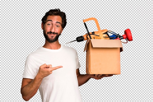 Jeune Homme Barbu Et Expressif Fou Avec Un Concept De Bricoleur De Boîte à Outils