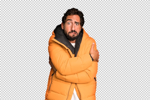 Jeune Homme Barbu Et Expressif Fou Concept Froid Et Hiver Et Portant Un Anorak