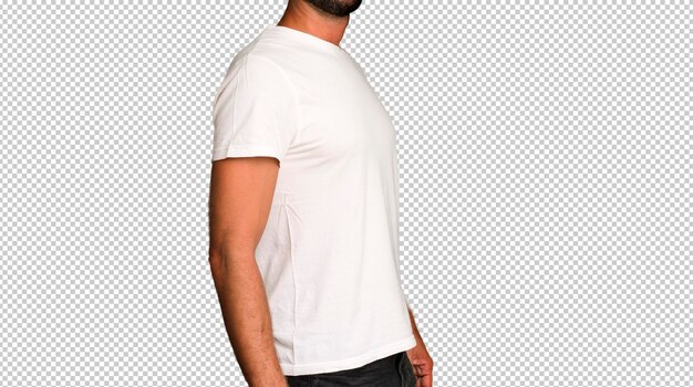 PSD jeune homme barbu et expressif fou portant un t-shirt blanc vide maquette