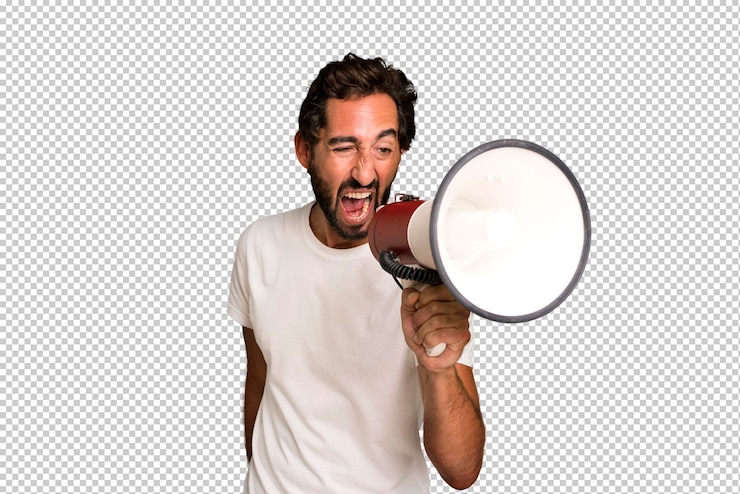 PSD jeune homme barbu fou et expressif utilisant un mégaphone pour dire un message