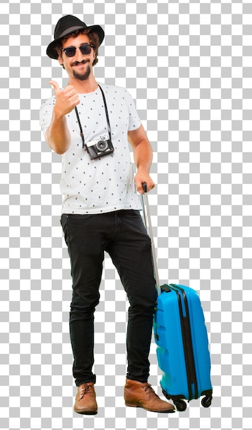 Jeune homme barbu voyageur cool avec un sac. concept de vacances