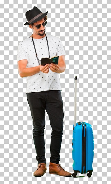 PSD jeune homme barbu voyageur cool avec un sac. concept de vacances