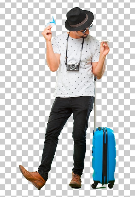 Jeune Homme Barbu Voyageur Cool Avec Un Sac. Concept De Vacances