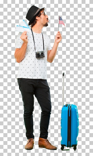 PSD jeune homme barbu voyageur cool avec un sac. concept de vacances