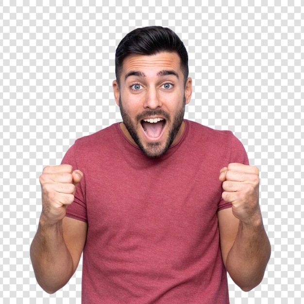 Jeune homme beau avec une barbe sur un fond transparent isolé célébrant
